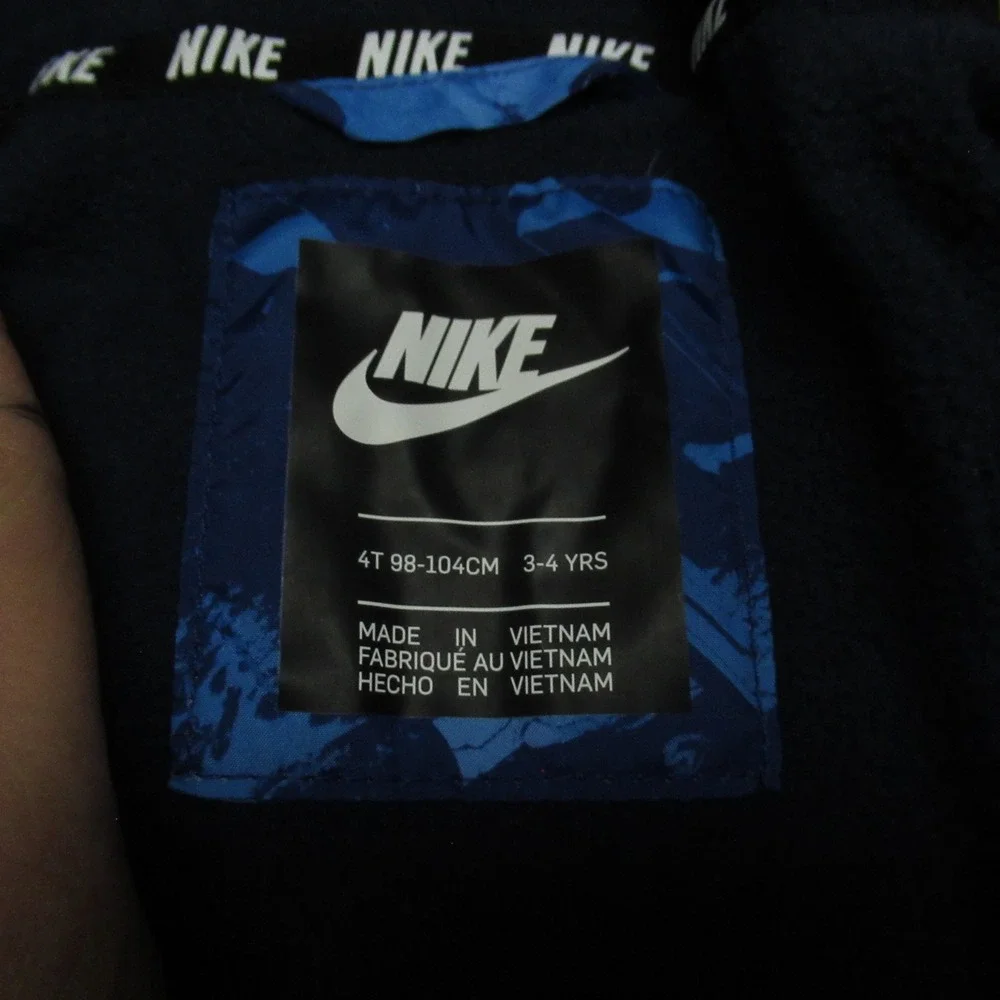 Nike Jacket Boys 4T 3-4 Blue Hooded Puffer Full Zip Graphic Winter Outerwear NEW